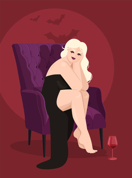 Albino-Mädchen im Vampirkostüm, ein schwarzes Kleid mit Schlitz sitzt in einem Sessel im Vintage-Stil. Halloween-Feiertag. Vor dem Hintergrund der Fledermäuse. In der Nähe ein Glas Wein. Flache Vektorabbildung. - Vektor, Bild