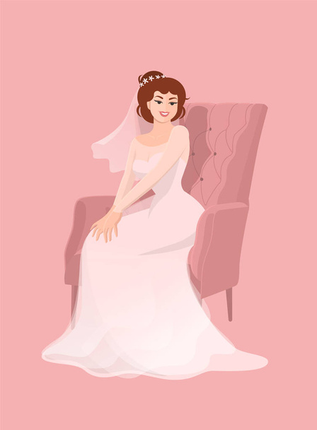 Schöne glückliche Braut im weißen Kleid mit Schleier. Im rosafarbenen Sessel sitzend und auf die Trauung wartend. Vektor bunte flache Illustration. - Vektor, Bild