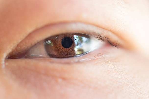 Macro des yeux ou des globes oculaires couleur noire de la femme asiatique avec sourcils, cils et paupières en concept santé oculaire et vision dans la vie - Photo, image
