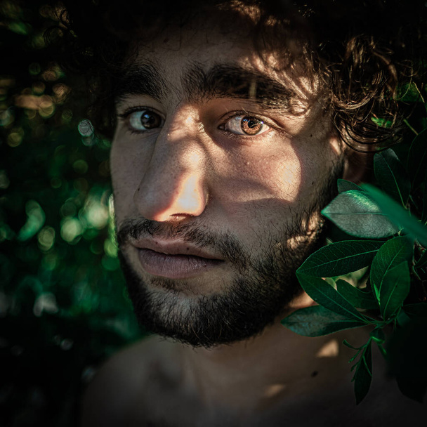 Близкий портрет латинского человека в джунглях между деревьями
 - Фото, изображение