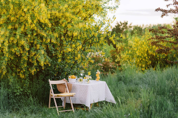 屋外でピクニック。ピクニックの準備。庭飾り - 写真・画像