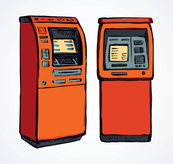 Internetes áruház hitel kijelző bankóma kioszk pin kód billentyűzet pénztár eszköz fehér papíron. Piros színű kézzel húzott keresni dollár számla fizetés monitor billentyűzet logó jel ikon koncepció grafikus rajzfilm stílus - Vektor, kép
