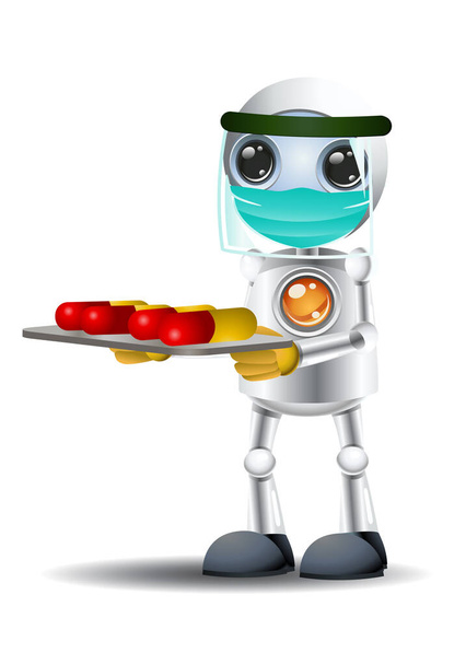 Illustration 3D d'un petit robot médecin portant des pilules pour l'expérience de vaccin covid-19 sur fond blanc isolé
 - Photo, image