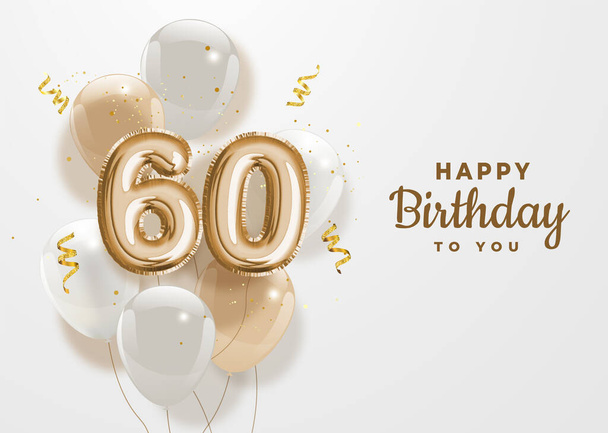 幸せな60歳の誕生日金箔バルーン挨拶の背景。60周年記念ロゴテンプレート-コンフェッティで60周年を祝います。ベクター株式. - ベクター画像