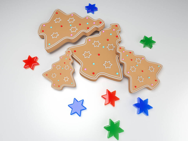 Plätzchen im Weihnachtsbaum von Thomas. Bunte Süßigkeiten in Form eines Sternes. 3D-Modellierung und Visualisierung von Weihnachtsgebäck auf weißem Hintergrund. 3D-Rendering - Foto, Bild