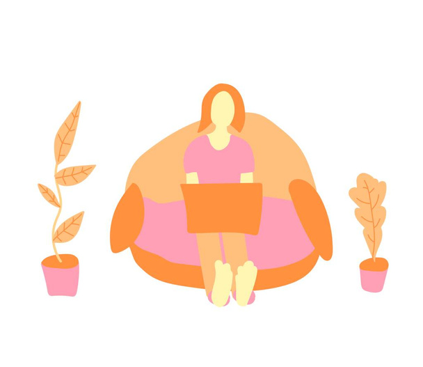 Vector freelance girl at computer stay home.An illustration of person studying lessons in a house in pink and rose shades flat. Conception pour bannière, web, réseaux sociaux, emballage
. - Vecteur, image