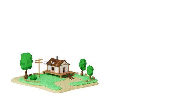 Τοπίο με αγροτικό σπίτι με δέντρα. Καλοκαιρινό σπίτι, πανό για ακίνητα. 3D μοντελοποίηση και οπτικοποίηση ενός σπιτιού με φράχτη απομονωμένο σε λευκό φόντο. Εικόνα τρισδιάστατης απεικόνισης. - Φωτογραφία, εικόνα