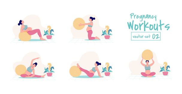 Prenatal + raskaus liikuntaa asetettu. vakautta pallo harjoituksia. Treenaaminen ja kunto, raskaus käsite. Vektoriesimerkki. - Vektori, kuva