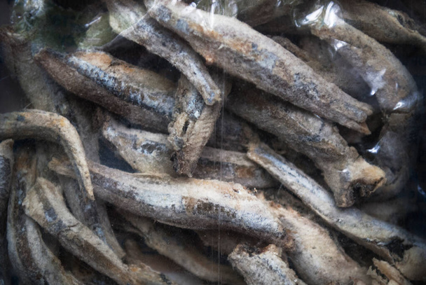 Dried salted anchovies in a transparent package . Snack Fish to beer.  Full frame. - Photo, Image