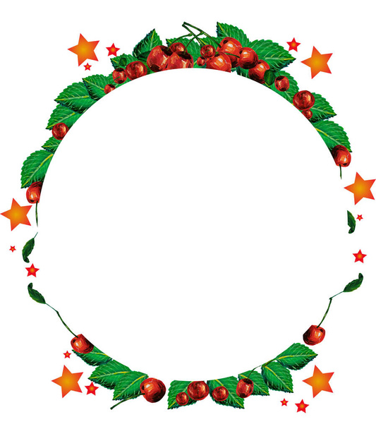 illustration of summer wreath with juicy cherries, stars and circles - Photo, Image