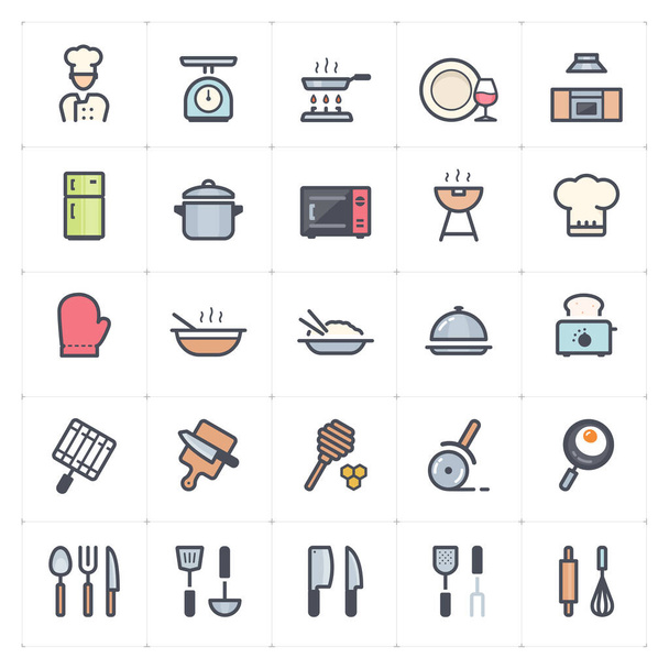 Icon-Set - Küchenutensilien und Kochumrisse mit Farbvektorillustration auf weißem Hintergrund - Vektor, Bild