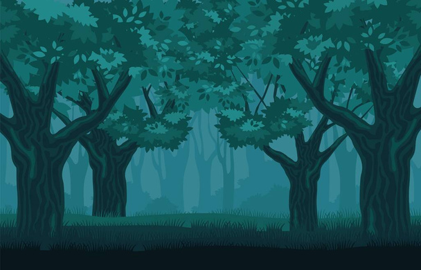 Rejtélyes borús erdő. Rejtélyes százéves fák a sötétségben. - Vektor, kép