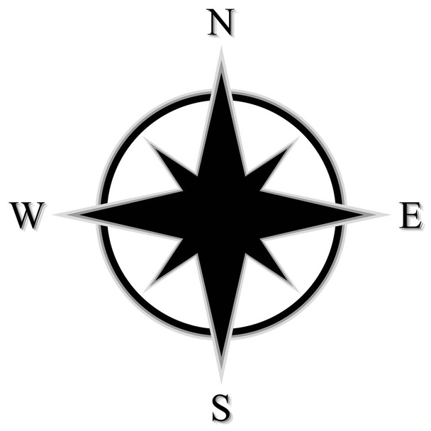 Vector kompas roos, zwart op witte achtergrond met schaduwen. Eenvoudig ontwerp met letters. - Vector, afbeelding