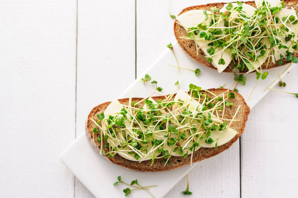 sendvič se zelenými mladými klíčky, mikrozelení a mozzarellou, zdravá a zdravá svačinka - Fotografie, Obrázek