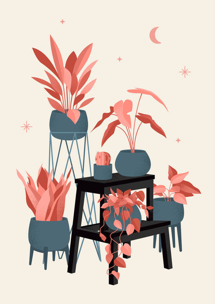 Retro poster with home plants. Creates comfort and decorates the interior. Vector illustration with the addition of noise in vintage style. - Vector, Image