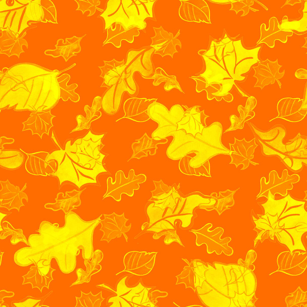 Abstract seamless pattern with watercolor leaves. Beautiful natural autumn print. Colorful hand drawn illustration. - 写真・画像