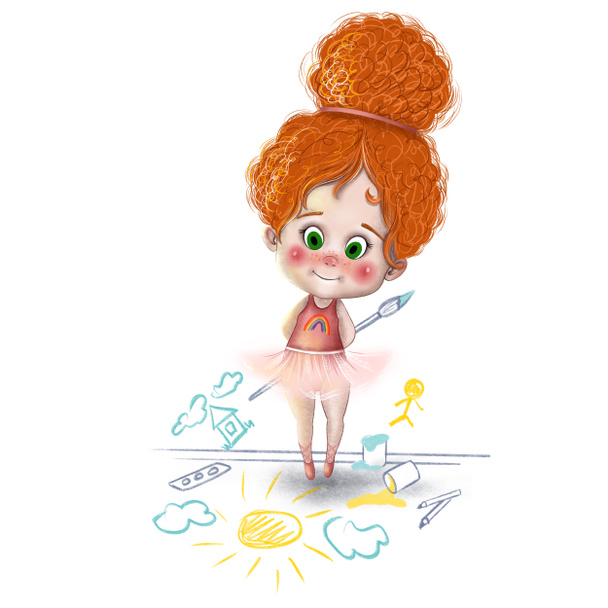Illustration of a cute curly red hair girl showing different emotions. Child in a ballerina costume. Girl mischievous, draws, dances, indulges. - Foto, Imagen