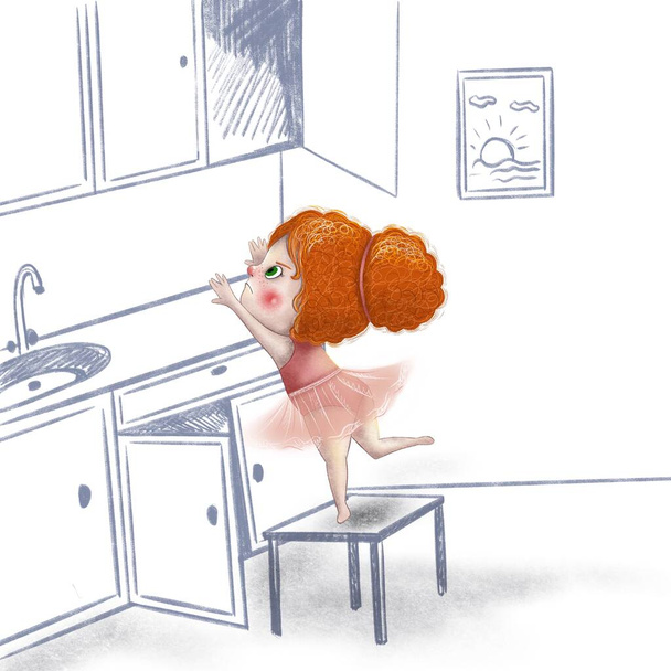Ilustração de uma menina de cabelo vermelho encaracolado bonito mostrando emoções diferentes. Criança vestida de bailarina. Menina travesso, desenha, dança, se entrega
. - Foto, Imagem