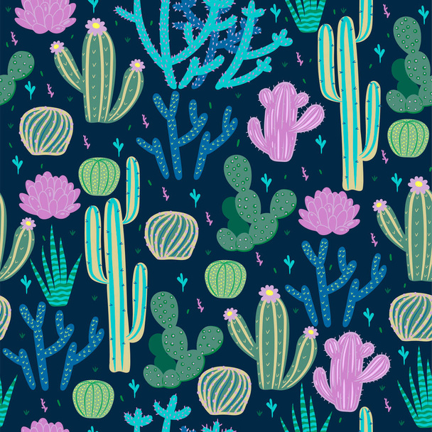 Zökkenőmentes minta kaktuszokkal a kék háttéren. Vektorkép - Vektor, kép