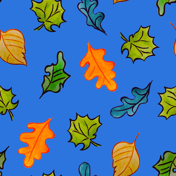 Abstract seamless pattern with watercolor leaves. Maple. Oaktree. Beautiful natural autumn print. Colorful hand drawn illustration. - Foto, Imagem