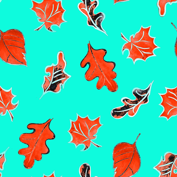 Abstract seamless pattern with watercolor leaves. Maple. Oaktree. Beautiful natural autumn print. Colorful hand drawn illustration. - 写真・画像