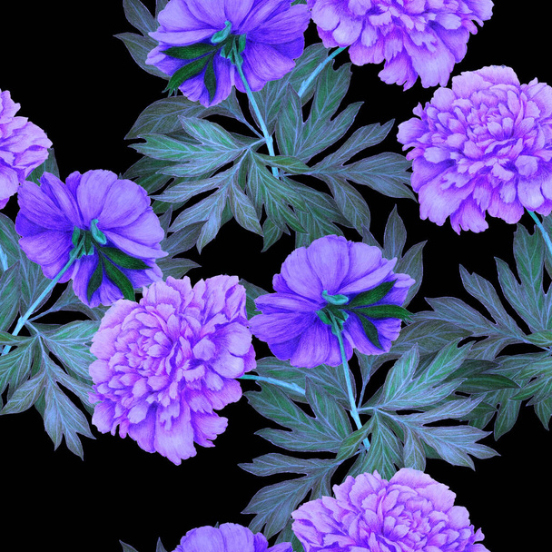 Floral seamless pattern with beautiful blooming peonies. Decorative botanic Peony flower print. Hand drawn crayon illustration. - Foto, imagen
