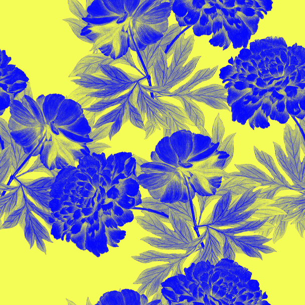 Floral seamless pattern with beautiful blooming peonies. Decorative botanic Peony flower print. Hand drawn crayon illustration. - Photo, Image