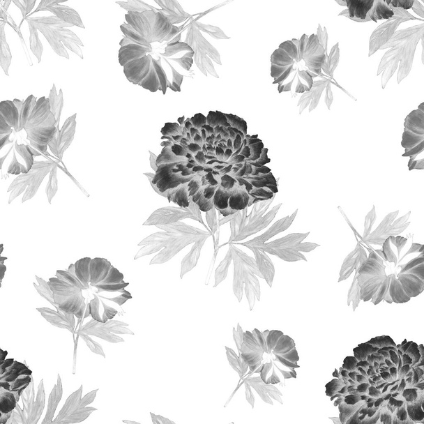 Floral seamless pattern with beautiful blooming peonies. Decorative botanic Peony flower print. Hand drawn crayon illustration. - Fotoğraf, Görsel
