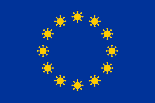 Иллюстрация флага Европейского Союза с коронавирусными знаками вместо звезд. Иллюстрация пандемии Ковида-19 в ЕС
. - Фото, изображение