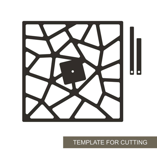 Unusual square wall clock with an abstract geometric pattern. Dial without numbers, minute and hour hands. For a stylish interior. Vector template for laser cutting of paper, wood, plywood, metal. - Vector, Image