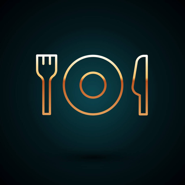 Gold line Plate, fork and knife icon isolated on dark blue background. Cutlery symbol. Restaurant sign.  Vector - Vektor, Bild