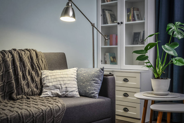 Grey couch with cushions, knitted plaid  and  floor lamp in the room with blue walls - Foto, Bild