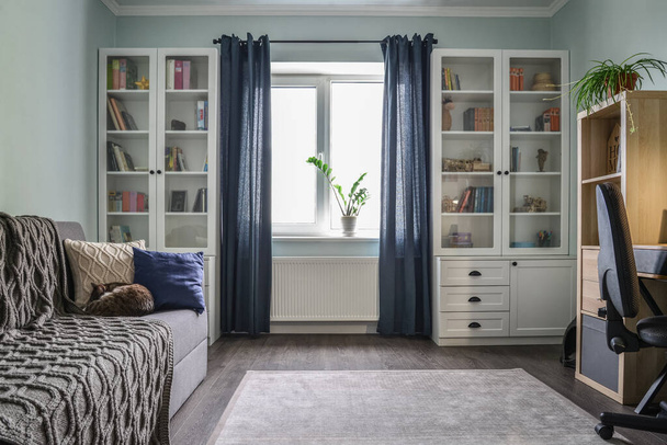 Könnyű hangulatos tini szoba fehér könyvespolcokkal, szürke kanapéval és kék fallal - Fotó, kép