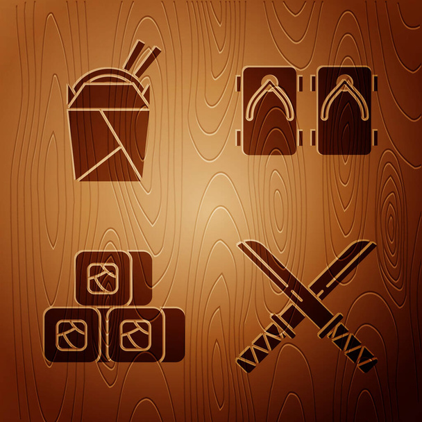 Set Traditional Japanese katana, Asian noodles in paper box and chopsticks, Sushi and Geta traditional Japanese shoes on wooden background. Vector - Vetor, Imagem