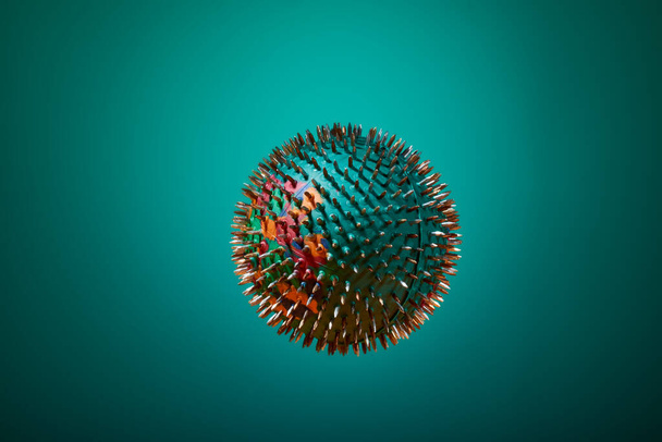 A green barbed massage ball hangs in the air, with beautiful lighting on a green background. color of the ocean. side view. healthy lifestyle. Thematic and promotional photography. For relaxation and health. - Photo, Image