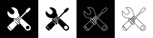 Set Destornillador y llave llave inglesa icono de herramientas aisladas sobre fondo blanco y negro. Símbolo herramienta de servicio. Ilustración vectorial - Vector, Imagen