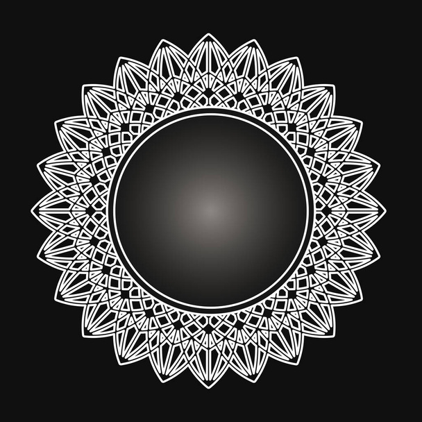 White frame with lace ornament in circle on black background. Art deco. Luxury round mandala, hand draw design. Ethnic motif. Abstract vector illustration.Template design for invitation, poster, card. - Вектор,изображение