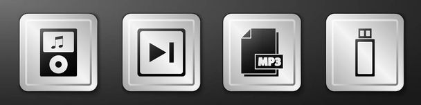 音楽プレーヤー、高速転送、 MP3ファイルのドキュメントとUSBフラッシュドライブのアイコンを設定します。銀四角形のボタン。ベクトル - ベクター画像