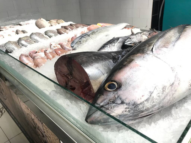 atún muerto y peces emperador mantenidos sobre hielo para la venta en el supermercado en la carnicería de un centro comercial
 - Foto, Imagen