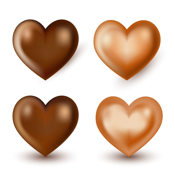 Set of realistic chocolate and caramel hearts with different shadows. Isolated on white background. Glossy brown milk chocolate bonbon. Candies and sweets.  Valentine's day design. Vector illustration - ベクター画像