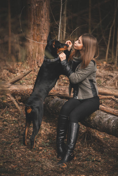 Young girl playing with doberman dog in the forest - Φωτογραφία, εικόνα