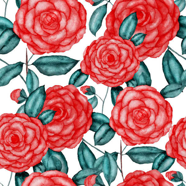 Watercolor seamless pattern with camellia flowers. Floral design.Romantic wedding background with camellias.Bright summer seamless pattern. Botanical wallpaper. Can be used for any kind of design - Photo, Image