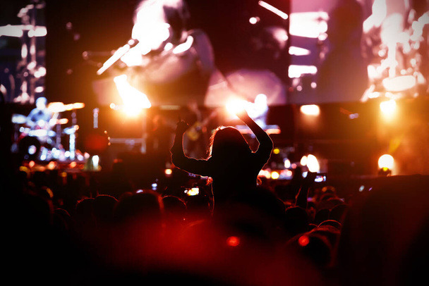 Silhouette of a girl at a concert, the pleasure of the show. Raised hands - Photo, Image