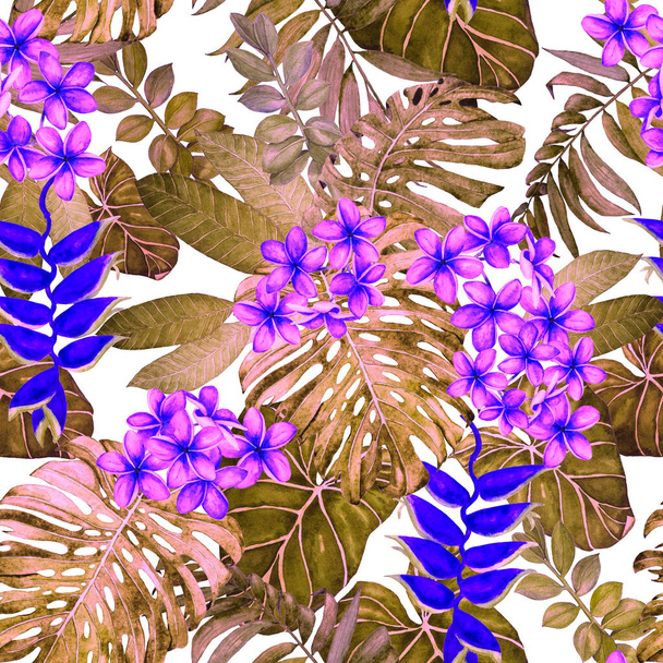 Motif floral hawaïen sans couture avec des feuilles et des fleurs tropicales aquarelle. Plumeria exotique et Heliconia. Belle impression fllover avec des plantes exotiques dessinées à la main
. - Photo, image