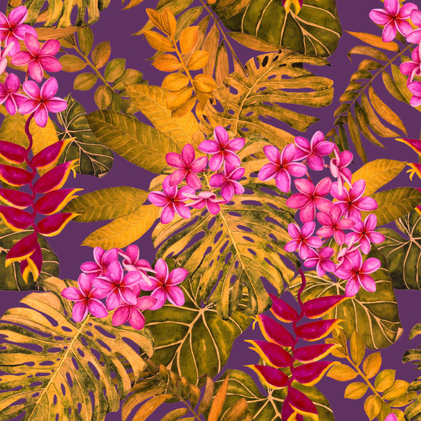 Hawaiian floral seamless pattern with watercolor tropical leaves and flowers. Exotic Plumeria and Heliconia. Beautiful fllover print with hand drawn exotic plants. - Фото, изображение
