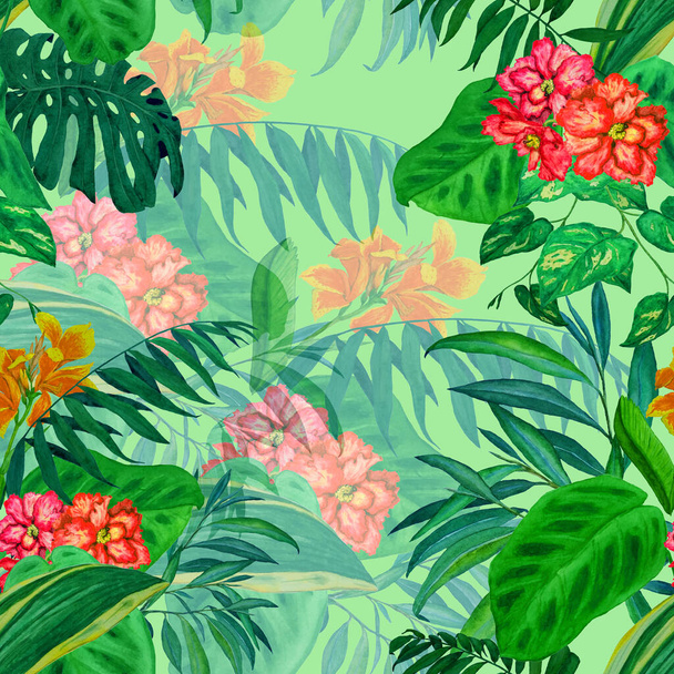 Hawaiian floral seamless pattern with watercolor tropical leaves and flowers. Exotic Hibiscus and Canna flowers. Colorful hand drawn illustration. Tropical summer print. - Foto, immagini