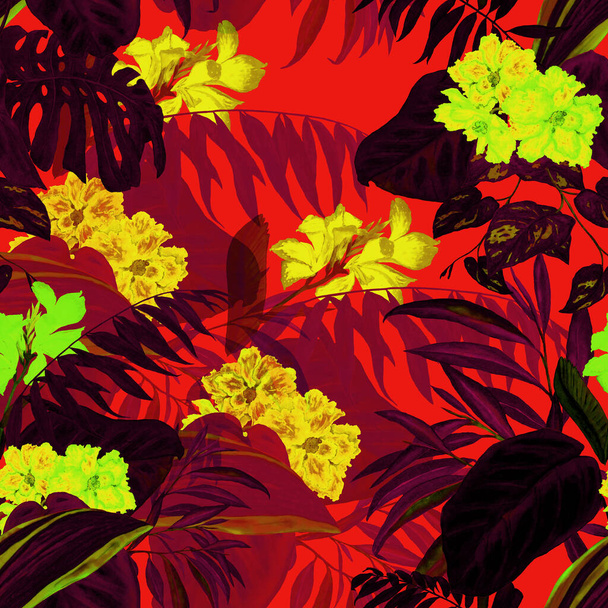 Hawaiian floral seamless pattern with watercolor tropical leaves and flowers. Exotic Hibiscus and Canna flowers. Colorful hand drawn illustration. Tropical summer print. - Foto, Imagen