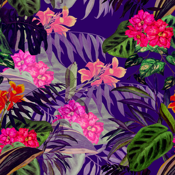 Hawaiian floral seamless pattern with watercolor tropical leaves and flowers. Exotic Hibiscus and Canna flowers. Colorful hand drawn illustration. Tropical summer print. - 写真・画像