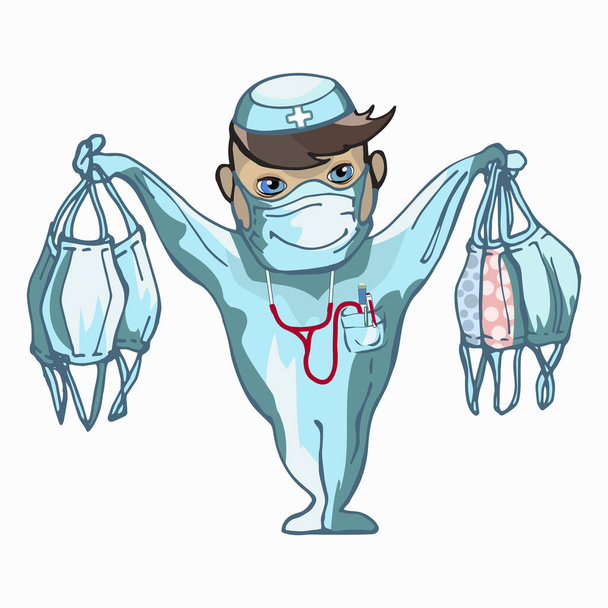 Ein Arzt in Arztuniform und Maske mit Stethoskop. Betrachtung.Vektorbild einer Person in medizinischer Uniform.Positives Bild für Kinderabteilungen, Standdesign und Informationen für Patienten - Foto, Bild