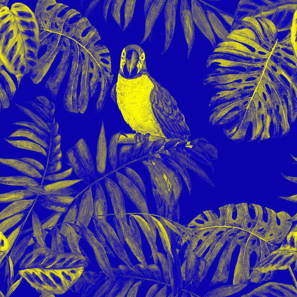 Tropical seamless pattern with watercolor jungle leaves and macaw parrots. Colorful hand drawn illustration. Exotic summer print. - 写真・画像